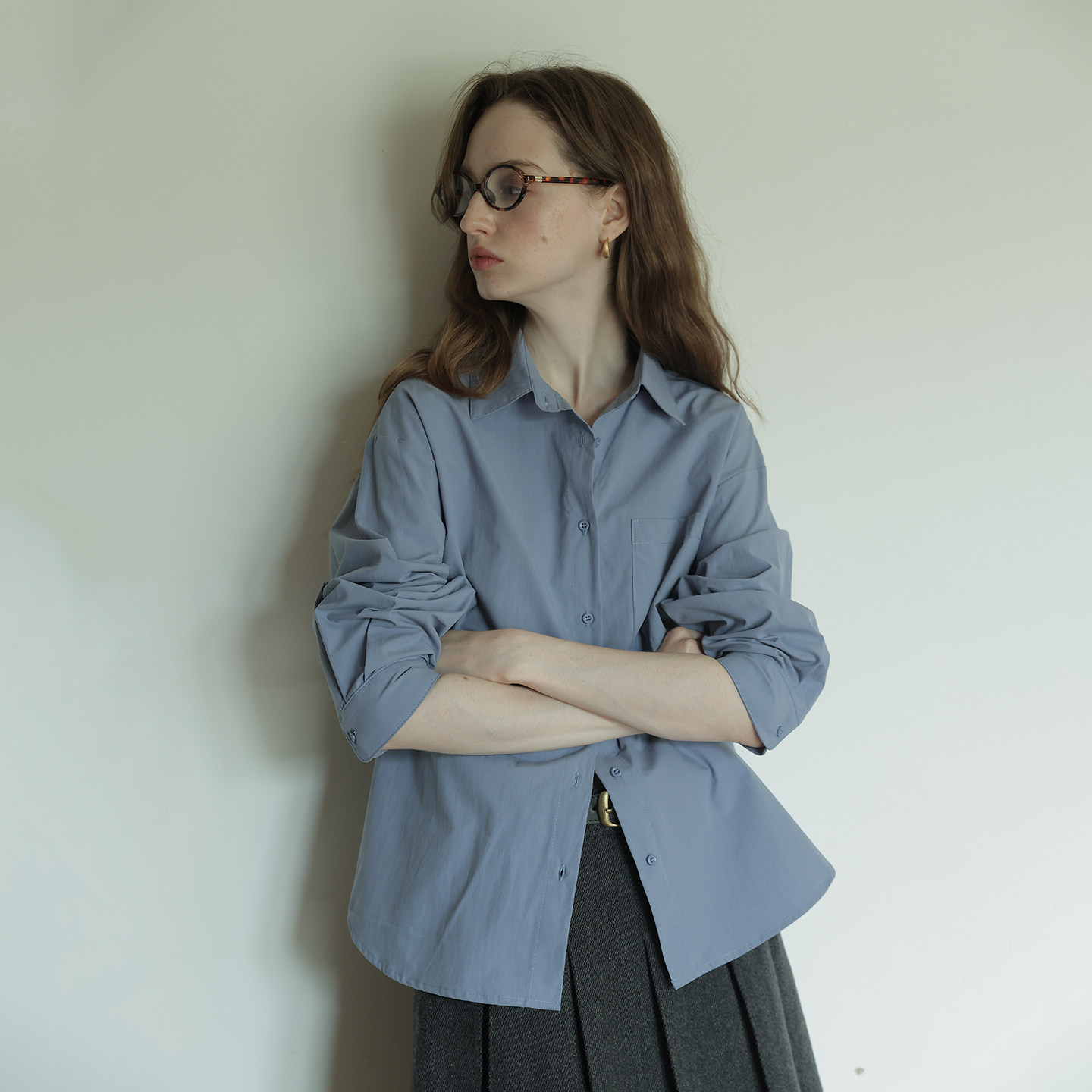 Reewhite莫兰迪色系法式复古休闲长袖宽松衬衫女气质通勤百搭衬衣
