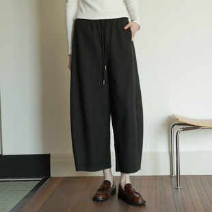 九分弯刀裤 加厚宽松香蕉裤 女冬新款 复古高腰百搭深灰色毛呢阔腿裤
