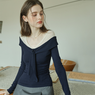 深藏青一字领网纱拼接绑带长袖针织衫女春款复古修身显瘦气质上衣