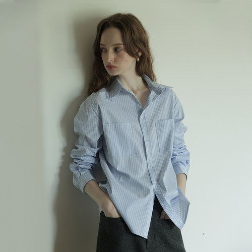 REEWHITE百搭双口袋蓝色条纹长袖衬衫女秋新款通勤设计感叠穿衬衣