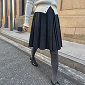 春也白复古深灰色双层百褶半身裙女显瘦遮胯中裙秋冬百搭毛呢裙子