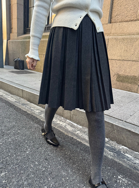 春也白复古深灰色双层百褶半身裙女显瘦遮胯中裙秋冬百搭毛呢裙子