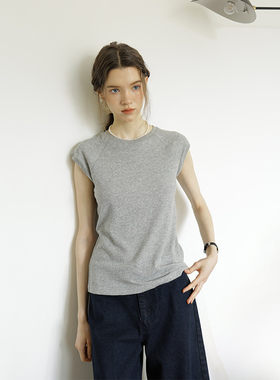 春也白 灰色雪花麻插肩袖短袖T恤女26夏新款百搭半袖圆领内搭上衣