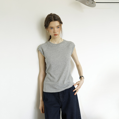 春也白 灰色雪花麻插肩袖短袖T恤女26夏新款百搭半袖圆领内搭上衣