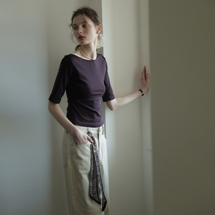 百搭显瘦上衣 T恤女夏气质简约高智感中袖 春也白 复古船型领五分袖