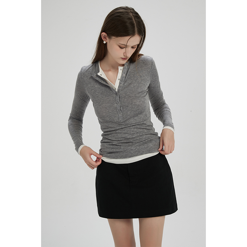 春也白 天丝羊毛灰色假两件套头打底衫秋小众设计感拼接长袖T恤女