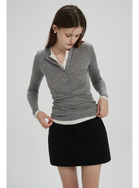 春也白 天丝羊毛灰色假两件套头打底衫春小众设计感拼接长袖T恤女