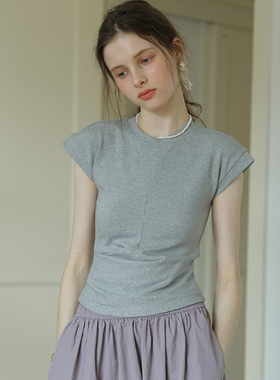 春也白 设计感收腰显瘦圆领正肩短袖T恤女夏新款小飞袖气质上衣