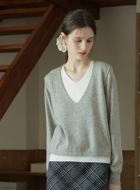 春也白 假两件V领毛针织衫女秋冬新款知识风百搭内搭叠穿套头上衣