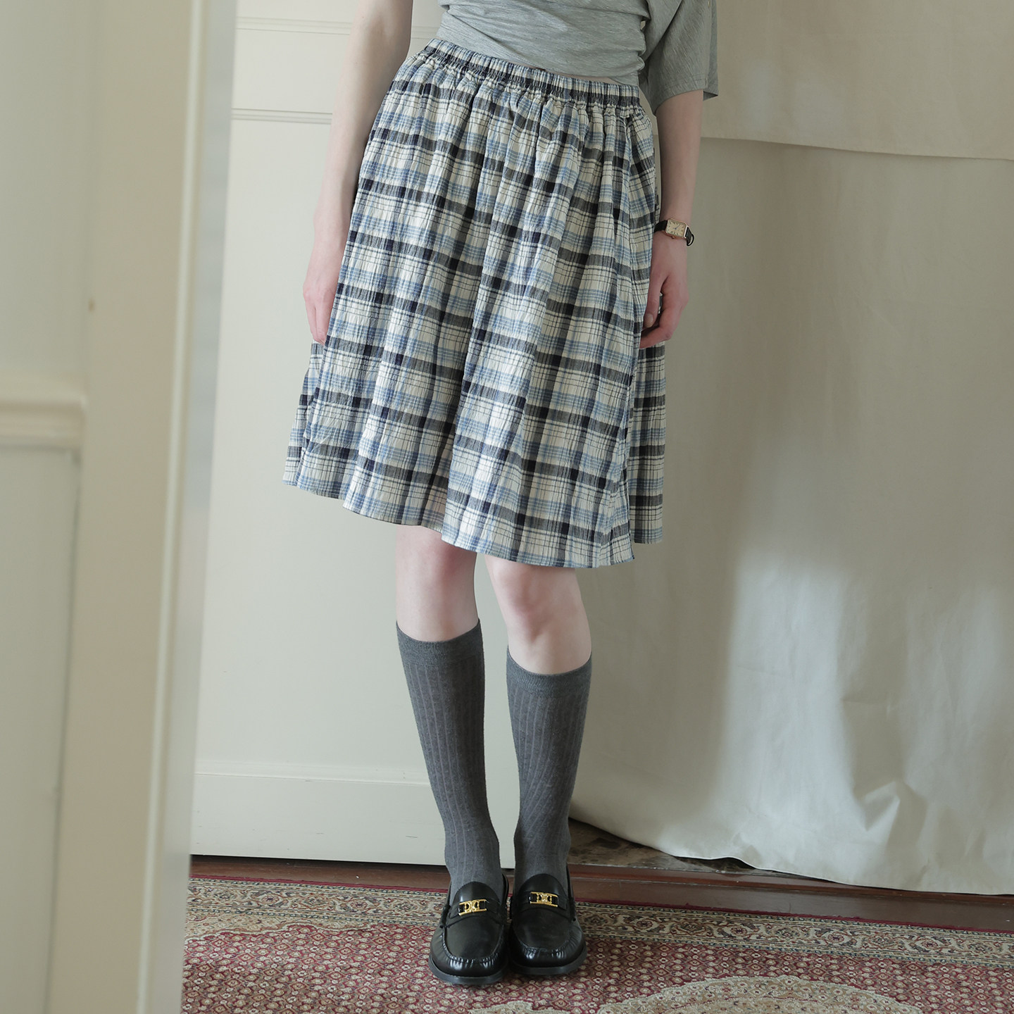 春也白 清新甜美少女风格子半身裙女夏季新款复古文艺松紧腰半裙
