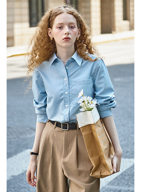春也白26春新款法式简约蓝色抗皱长袖宽松衬衫女叠穿内搭免烫衬衣