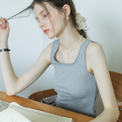 春也白 蕾丝花边拼接无袖工字背心女夏新款修身显瘦内搭打底上衣