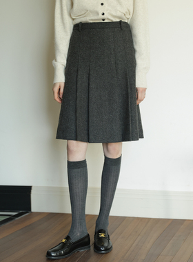 灰色格雷系羊毛混纺百褶裙女新款高腰a字中裙高智感毛呢半身裙冬