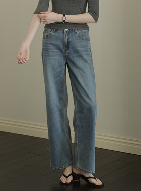 春也白 梨型显瘦高腰阔腿牛仔裤女2026春季法式直筒蓝色休闲裤子
