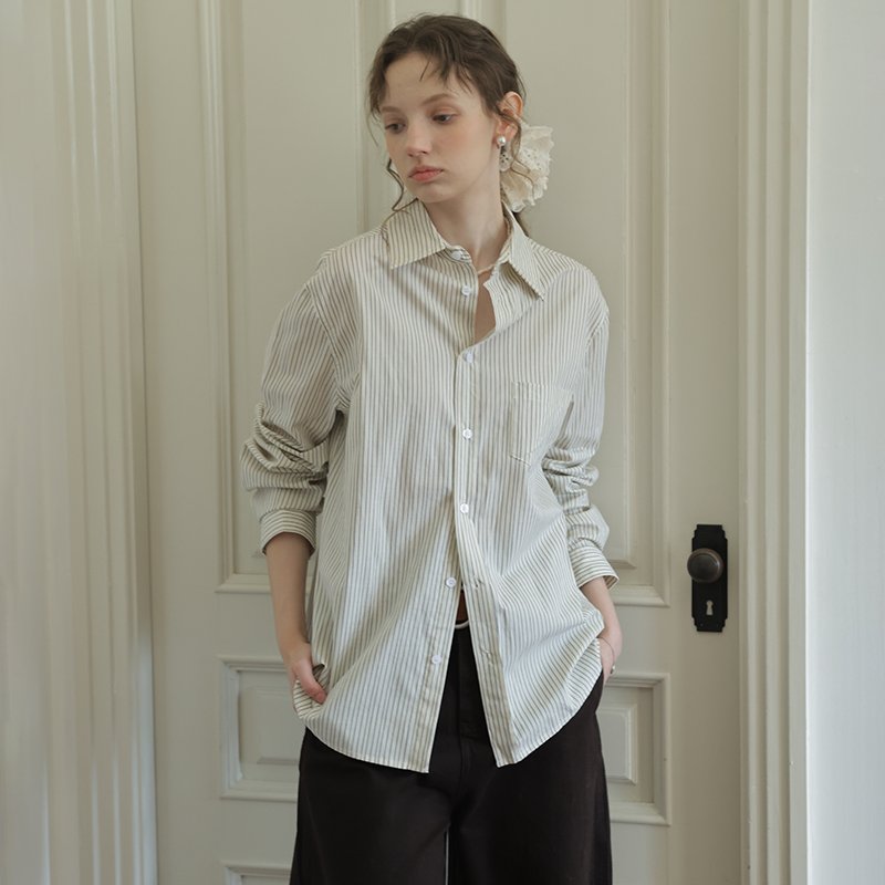 春也白复古竖条纹宽松长袖衬衫女秋冬季内搭叠穿衬衣长袖通勤上衣