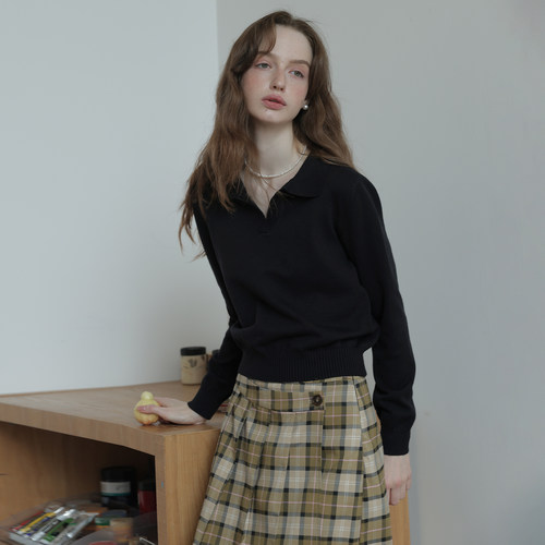 REEWHITE早秋高智感纯色休闲polo领长袖针织衫女复古简约百搭毛衣