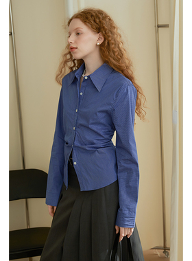 春也白复古蓝色细格纹褶皱气质长袖衬衫女春新款小众收腰显瘦上衣