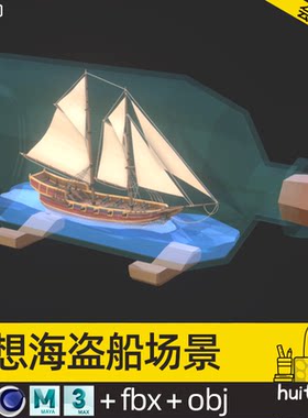 【2311】POLYGON低面中世纪海盗船模型C4D古代帆船Blend轮盘炮台