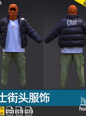 Marvelous街头男装头套帽子羽绒服套装MD模型CLO3D服装打版源文件