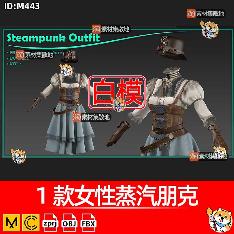 clo女性蒸汽朋克3D服装复古女连衣裙帽子皮手套ZPRJ模型打版文件图片
