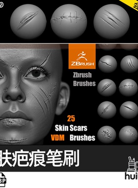 【0849】Zbrush疤痕割伤刀疤伤疤缝线烫伤VDM笔刷ZB画笔zbp建模