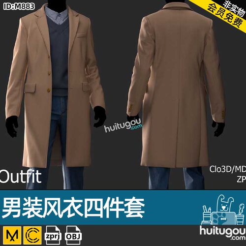 MD服装素材CLO3D男装风衣四件套 呢大衣牛仔裤羊毛衫衬衫衣服纸样