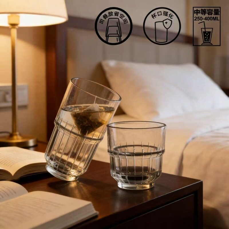 透明玻璃杯家用喝水杯子办公便携耐热可叠省空间日式现代玻璃水杯
