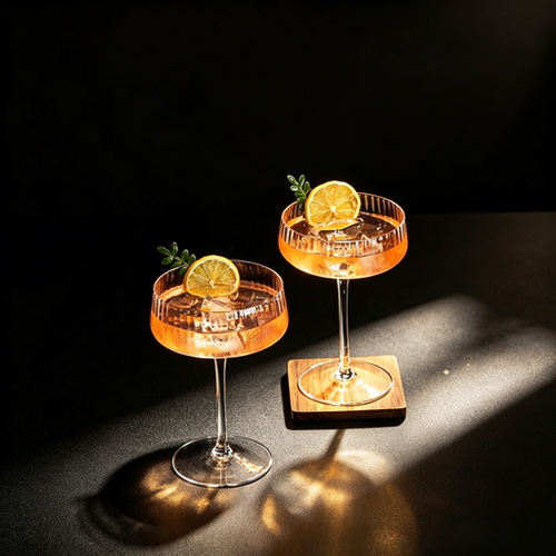 竖纹阔口高脚水晶玻璃香槟杯