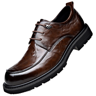 花花公子皮鞋男真皮商务正装圆头宽脚大头内增高棕色结婚新郎冬季