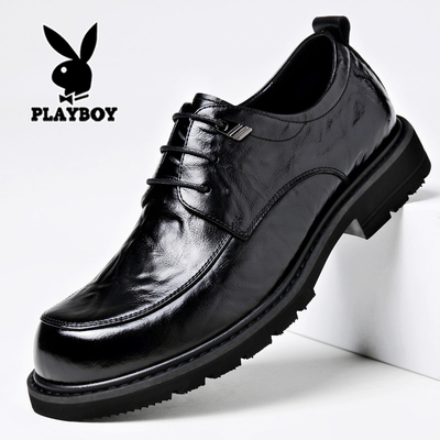花花公子皮鞋男真皮商务正装宽脚大头黑色内增高结婚新郎大码冬季