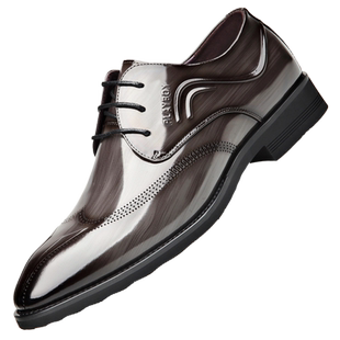 花花公子皮鞋男真皮商务正装亮面布洛克雕花结婚新郎大码冬季加绒