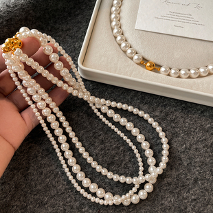 施家正圆澳白珍珠磁吸扣项链女轻奢气质叠戴毛衣链2024新款 脖颈链