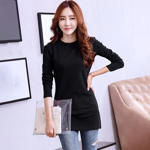 t恤黑色纯棉秋衣女款 女遮屁股秋冬长袖 加绒加厚上衣 打底衫 中长款