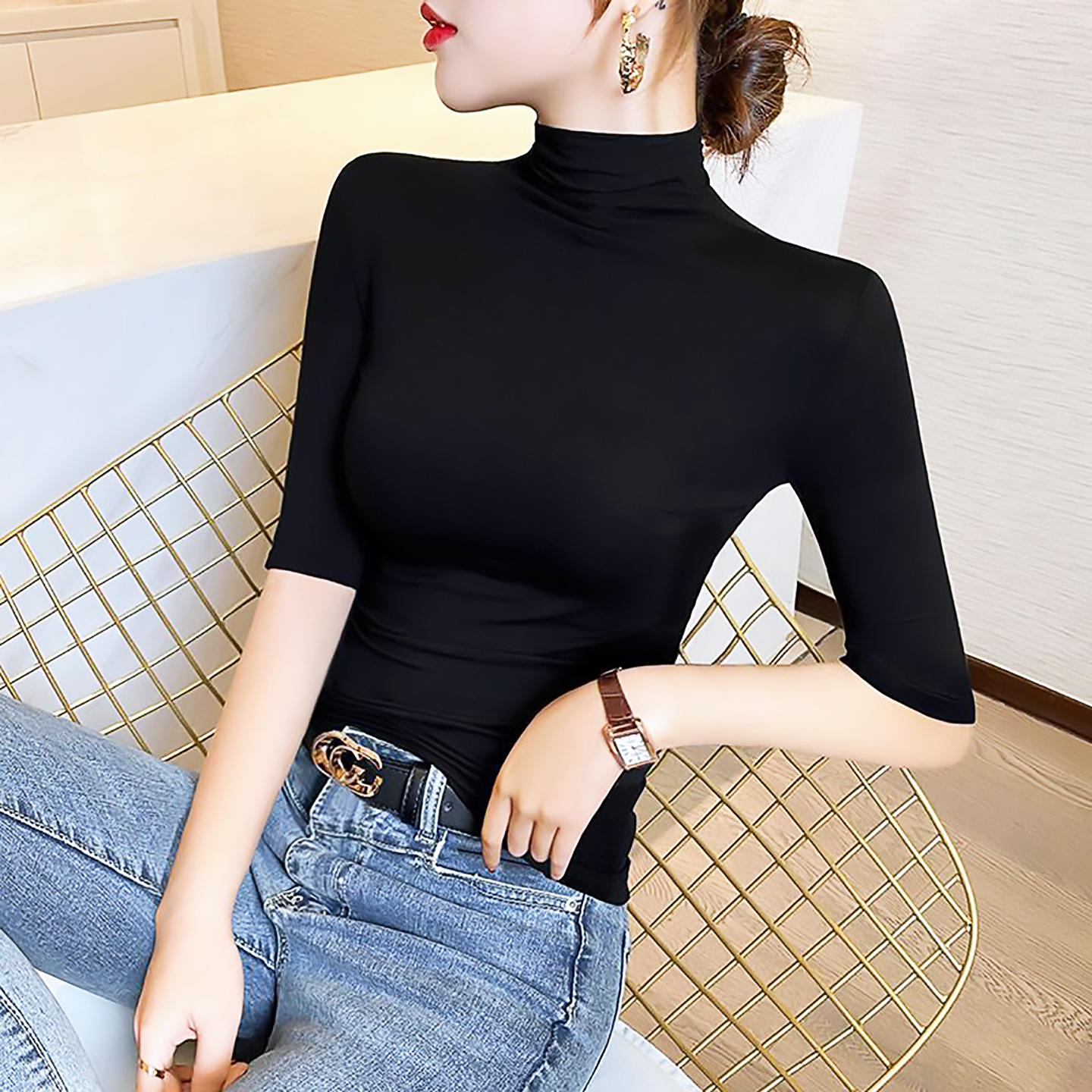 中袖上衣女七分袖高端t恤女款棉