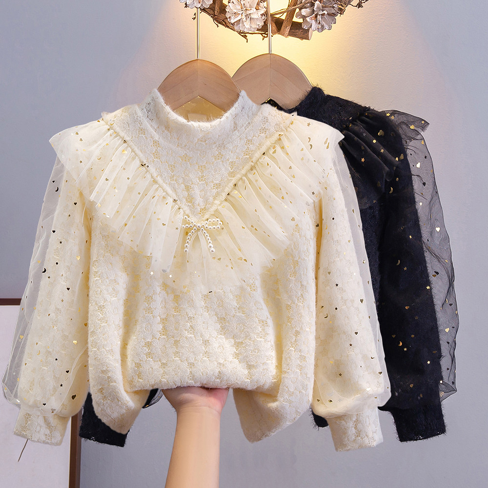 女童蕾丝衬衫春秋款娃娃衬衫韩版宝宝长袖上衣内搭立领加绒打底衫