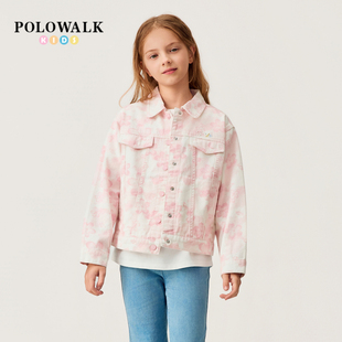 【100%棉】POLOWALK女童外套2026春季新品时尚粉色印花童装外套