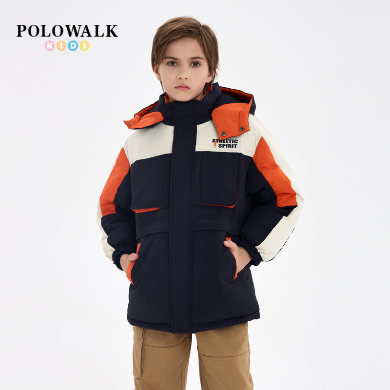 童装可脱帽男童羽绒服拼色外套