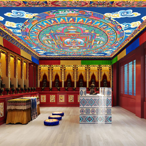 藏式墙纸祠堂古建筑寺庙壁纸吊顶壁画皇宫彩绘吉祥天花坛城背景墙