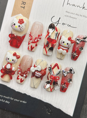 清仓红色kitty猫纯手工穿戴甲可爱甜美显白2025年中长款manicure