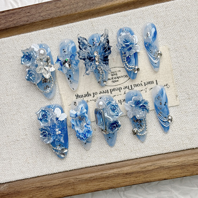 蓝色冰封玫瑰纯手工穿戴甲显白新款假指甲定制仙气冰透纯欲中长款