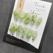 绿色蝴蝶纯手工穿戴甲甜酷辣妹风仙女飘飘绝美冰透小众显白中长款