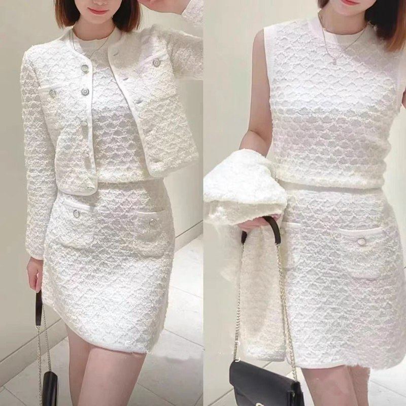 法单M家 24春法式小香风菱形格羽毛圈圈纱毛针织开衫+背心+半裙,女装/女士精品,毛针织衫,淘宝优惠券,粉丝福利购,淘宝优惠卷