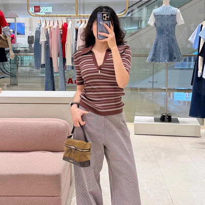 法单S家 26春夏简约竖向条纹针织短袖V领套头针织衫SFPPU02783