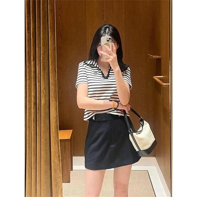 法单S家 25夏法式优雅 钻饰V领条纹短袖T恤针织衫女SFPTS01574