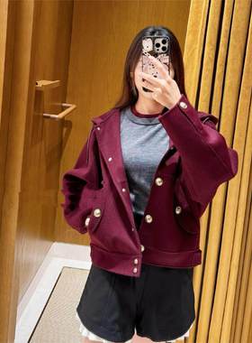 法单S家 2025秋冬学院风金属扣羊毛宽松连帽外套上衣SFPOU00619
