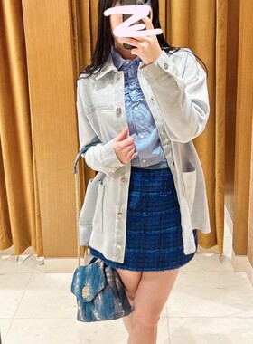 法单S家 24春夏新款简约蓝色时尚oversize休闲针织拼接牛仔外套女