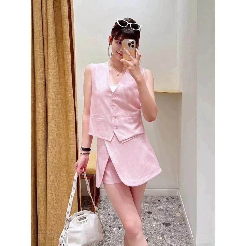 法单M家 夏法式简约粉色单排扣V领西装马夹背心女+休闲短裙裤