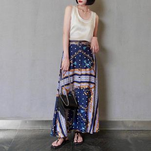法单M家早秋法式复古民族风印花高腰A字开叉长款半身裙假两件裤裙