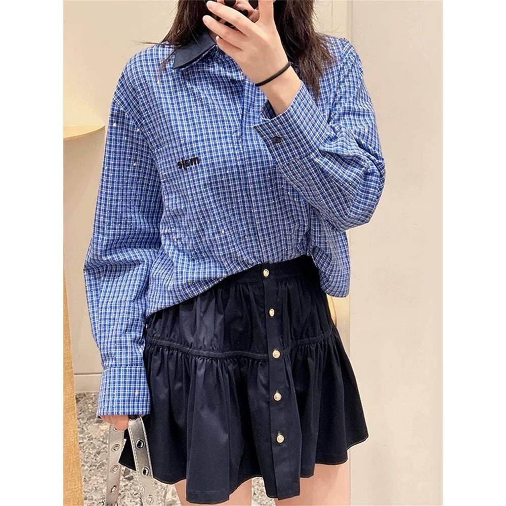 法单S家 25秋可拆卸领蓝色小格子法式减龄长袖衬衫衬衣连衣裙短裙