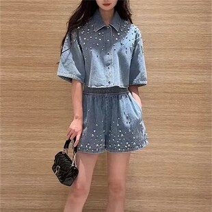 法单S家 2024春夏法式牛仔蓝设计感重工镶钻衬衫外套女+短裤